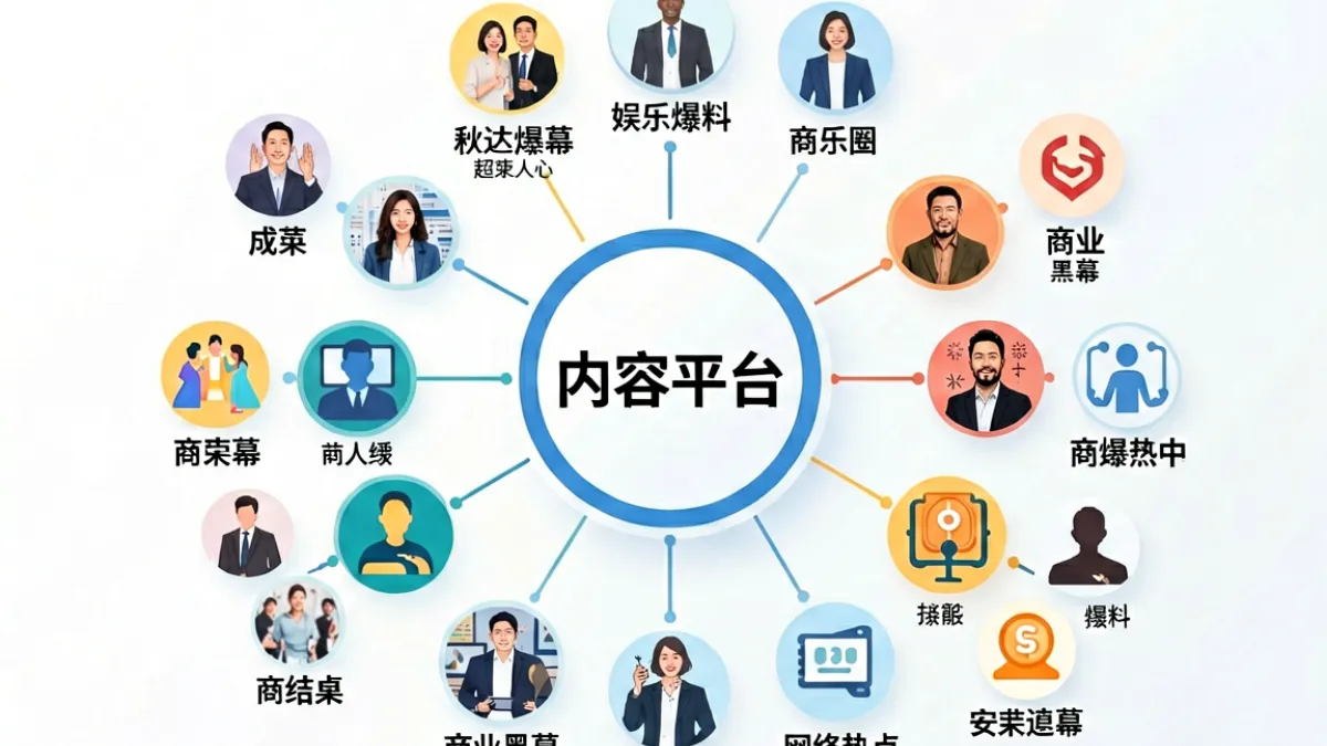 51黑料内容范围示意图，展示娱乐圈爆料、商业事件、社会热点三大板块的内容分类结构