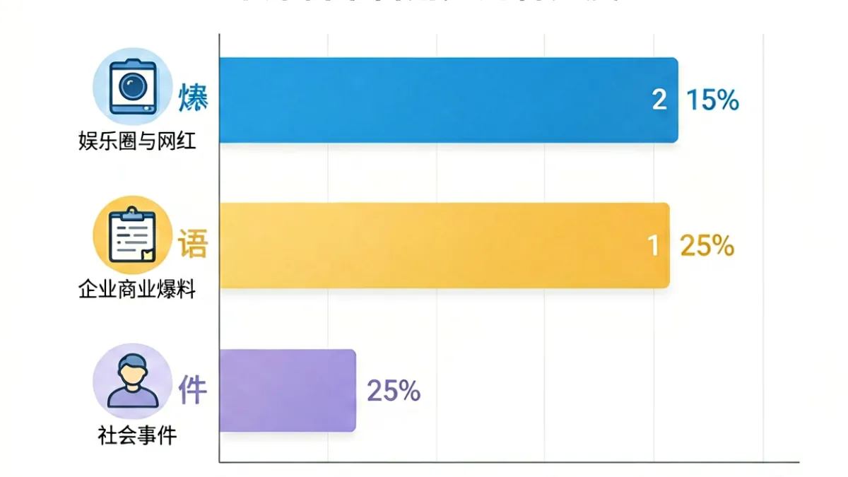 51黑料网内容分类示意，娱乐圈爆料、企业黑料与社会事件三大板块的用户关注度分布